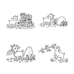 Obraz premium Little goat character collection in farm settings for children coloring book art projects.