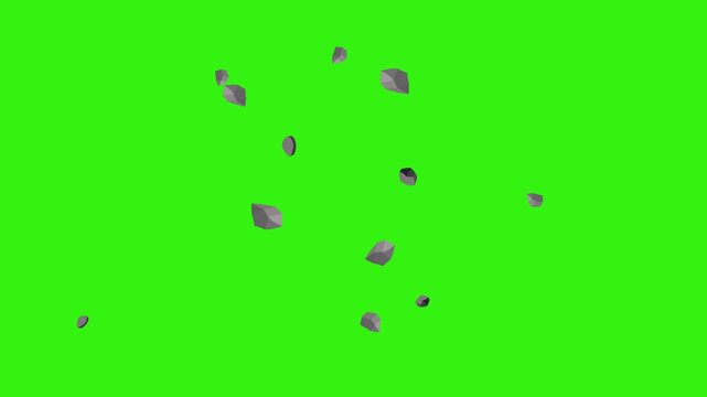 animated video on green screen, a rock spinning and flying from bottom to top