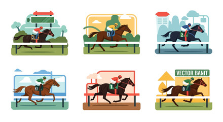 Fototapeta premium Horse Racing Set: Jockeys Competing in Dynamic Equestrian Sports Illustrations