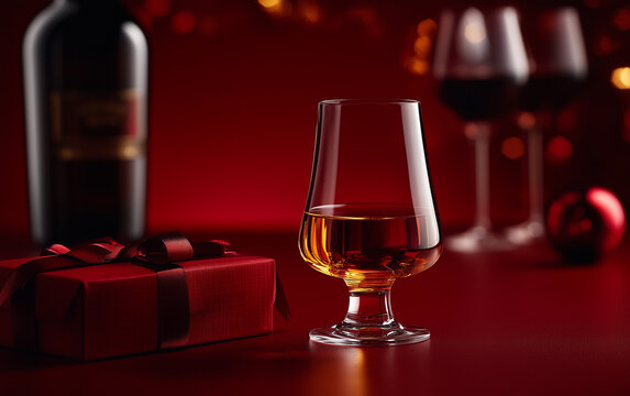 Whiskey glass red gift box brown ribbon bottle wine glass elegant celebration luxury festive warm