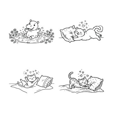 Cute coloring page set with a playing baby hippo and several kittens cuddling with pillows.