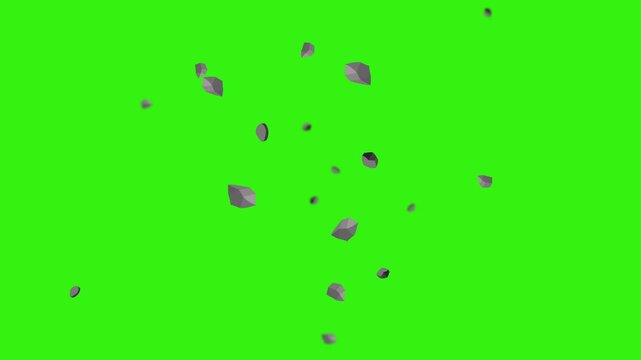 animated video on green screen, rocks spinning and flying from bottom to top, with some rocks blurred in the background