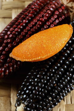 Cornmeal mush pastry served on ears of corn of various colors.