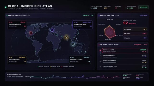 Cybersecurity risk atlas dashboard animation with global threat map and behavioral analytics data