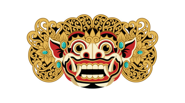 Gold and white ornate Balinese Rangda mask illustration.