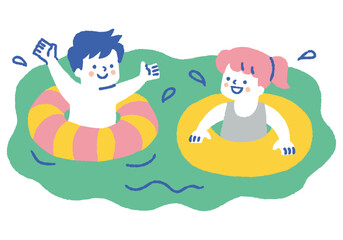 Children Enjoying the Ocean with Inflatable Rings_Color
