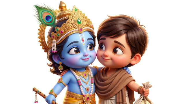 Chibi krishna and sudama standing together, smiling, isolated on transparent background