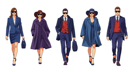 Fototapeta premium Fashion models showcasing elegant business and casual outfits, diverse styles for men and women