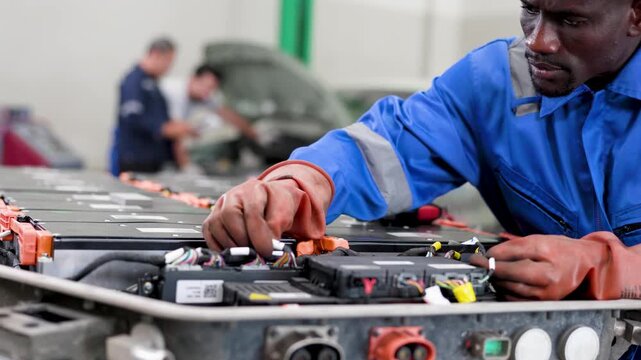 Technician wearing protective gloves services an electric vehicle battery pack in an auto workshop, inspecting modules and connections with tools beside a car.