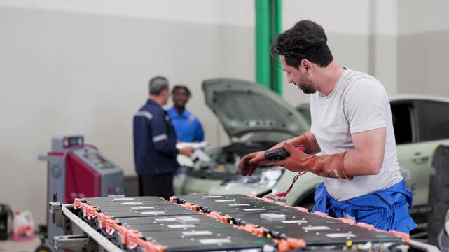 Auto technician servicing an electric car battery pack on a workbench in a garage, with vehicles and coworkers in the background during diagnostics and repair.