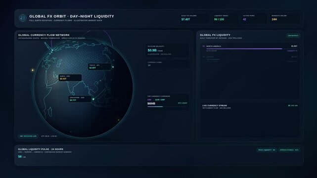 Global foreign exchange orbit dashboard animation with currency flow map and liquidity analytics