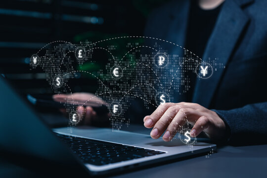 Global currency exchange concept. International payment network, forex transfer, digital banking, financial technology, cross border transaction, Investor using laptop with world map business finance