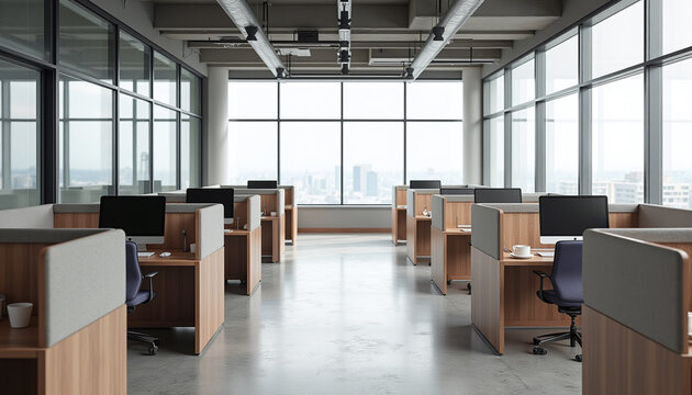 Flexible modern office with movable acoustic partitions adapting to hybrid work