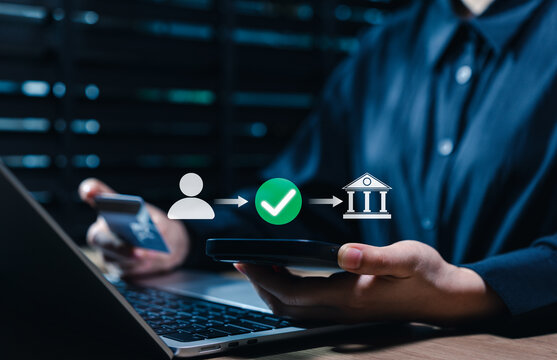 Digital banking verification concept. Person using smartphone, user approval icon, secure authentication, financial institution access, identity verification, mobile payment, online finance technology
