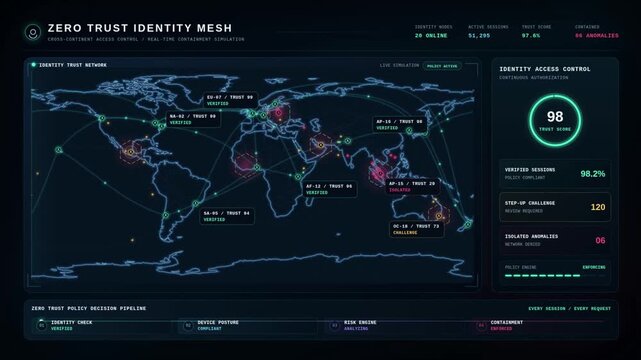 Zero trust identity mesh dashboard animation showing global access control and threat simulation