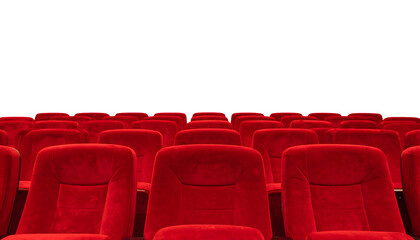 Fototapeta premium Cinema seats red velvet rows arranged in a modern theatre auditorium for watching movies and entertainment events&nbsp;