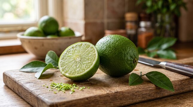 Fresh lime cut in half on a wooden cutting board with zest and leaves