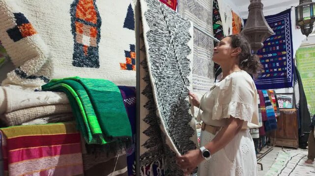 European Tourist Explores Authentic Moroccan Textiles in Essaouira Shop