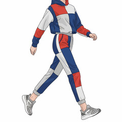 Obraz premium Fashionable Woman Walking in Color Block Tracksuit and Sneakers