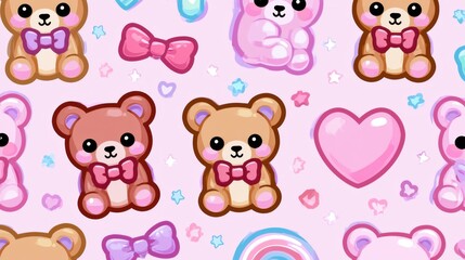 Obraz premium Cute Teddy Bears and Bows Pattern on Pink