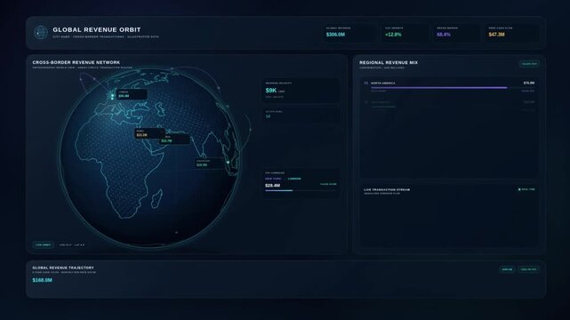 Global revenue orbit dashboard animation with rotating earth map and cross border transaction data