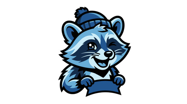 Raccoon wearing a blue hat.