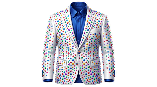 White blazer with colorful gemstones and blue shirt, isolated on transparent background