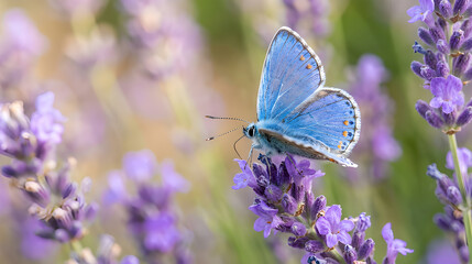 Fototapeta premium Macro butterfly with colorful blue wings resting on blooming lavender flowers, crystal clear details, soft natural light, dreamy blurred background, ultra realistic
