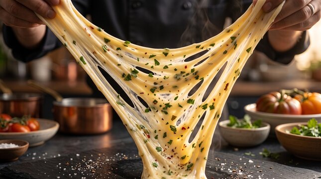 Stretching Oaxaca cheese with herbs and chili flakes, a culinary delight