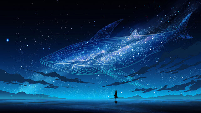 光をまとい海を遊泳する鯨のスピリチュアルイラスト、幻想的、神秘的、海の精霊、星屑、流線、癒やし、守護、神聖、祈り、瞑想、願望、深海、潮流、海洋生物、海獣、クジラ、自然、生命、夢幻、神話、ファンタジー、象徴、装飾、背景、アート、デジタルアート、手描き風、表紙、壁紙、カード、ポスター、素材、ヒーリング、静寂、優雅、希望、神秘世界、物語性、インテリア、幻想素材、海中世界、癒やし空間、吉兆、瑞兆、神秘背景