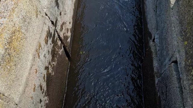 Slow motion camera tilt up shot from a concrete water irrigation canal to a beautiful green rice field. Agricultural water system in ecological farming area