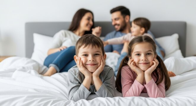 Happy family with two children relaxing on bed