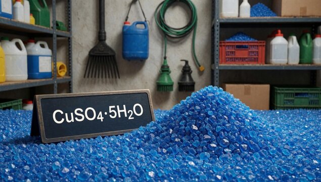 Large pile blue plastic beads warehouse arranged pyramid-like shape scattered floor center there black sign wh