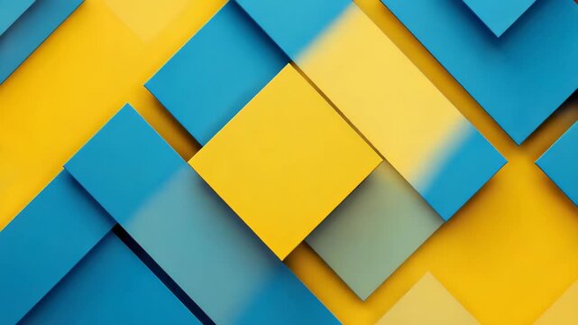 Geometric Harmony: A vibrant abstract pattern composed of overlapping yellow and blue squares creates a dynamic and visually engaging composition.