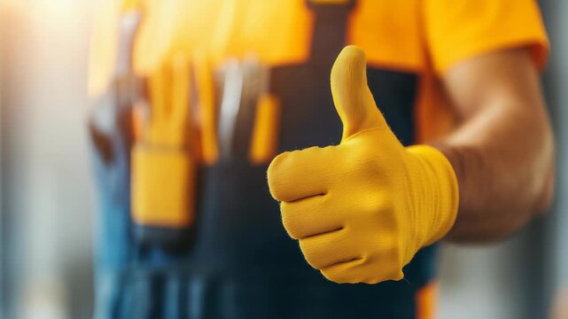 Thumbs Up from the Craftsman: A skilled craftsman in workwear and yellow gloves gives a confident thumbs-up gesture, signifying approval and satisfaction with the completed task.