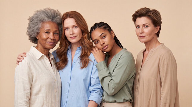 A portrait of four diverse women of different ages and ethnicities standing together in front of a neutral beige background, celebrating female friendship and unity.