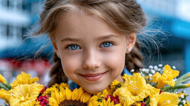 Smiling Girl Holds Large Bouquet on School Day