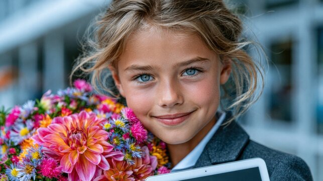 Smiling Girl With Flowers on First School Day