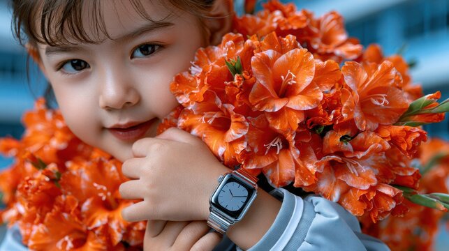 Girl Holding Autumn Bouquet of Gladiolus Flowers