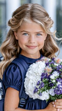 Girl With Bouquet on First Day of School