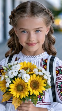 Schoolgirl Walking to School With a Bouquet