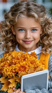 Close-up of Girl With Flowers and Tablet in Autumn