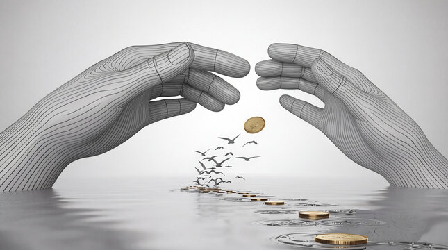 A conceptual 3D illustration featuring wireframe hands guarding gold coins that transform into birds, symbolizing financial growth, protection, and freedom.