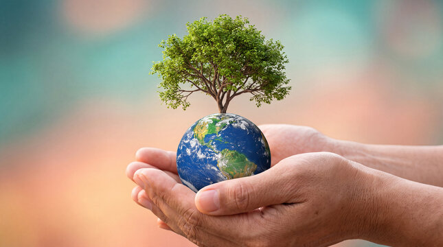 A conceptual image of human hands cupping the planet Earth with a lush green tree growing from it, symbolizing environmental protection, sustainability, and care.