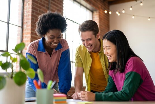 Cheerful multiracial coworkers laughing together over paperwork in colorful creative studio