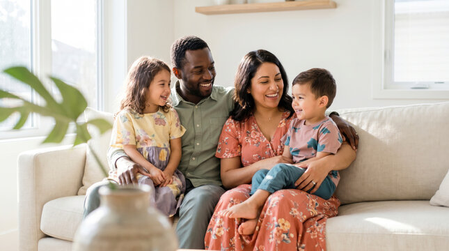Happy multiracial family of four relaxing together on sofa in bright living room