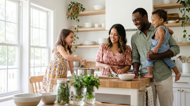 Cheerful family cooking healthy meal together in bright modern farmhouse kitchen