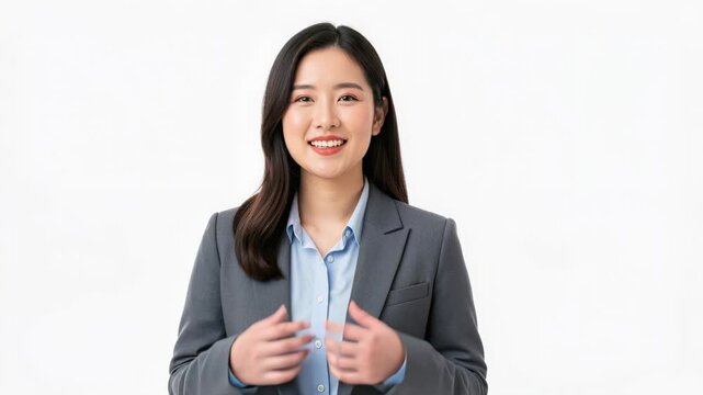 Confident Young Professional: A smiling young Asian businesswoman in a grey suit stands confidently, adjusting her jacket, projecting competence and a friendly demeanor.