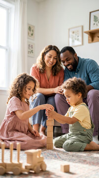 Family with two children building wooden blocks together in cozy sunlit playroom