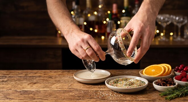Man bartender rimming glass with sugar and sprinkles for cocktail preparation. Professional bartender preparing glassware in a festive bar setting. Drink decoration and mixology concept.